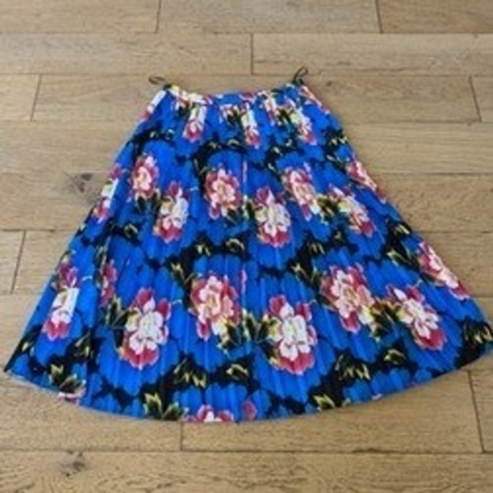 Kenzo Pleated Skirt 40 Blue Excellent Floral Accordion‎ Midi (1701)